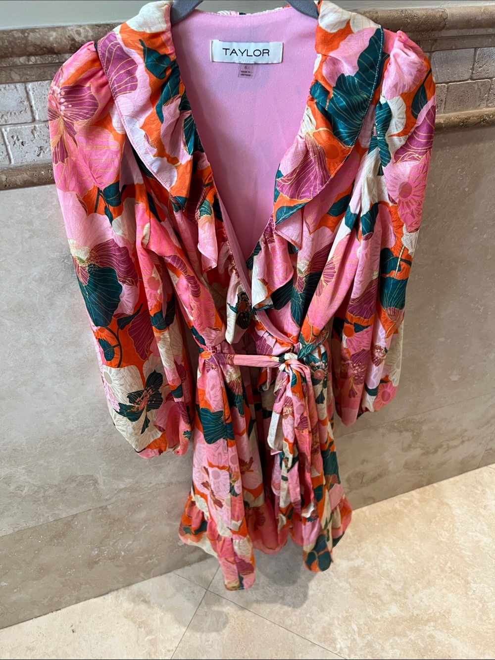 Taylor Vibrant Pink Floral Wrap Dress with Green & Orange Accents